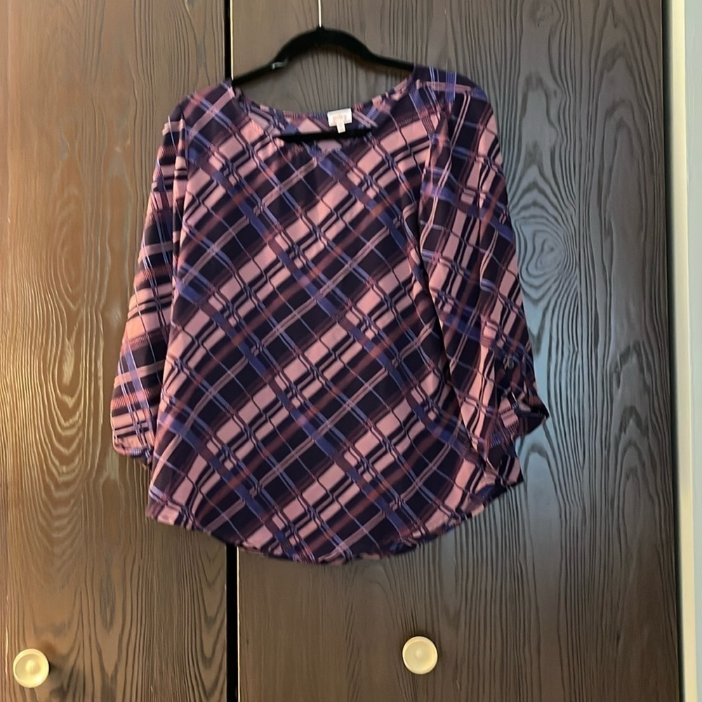 Pixley 3/4 sleeved black/ purple/ blue and orange patterned blouse. Size Medium